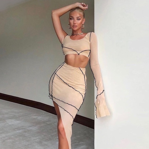Lena Vie Boutique Dresses & Skirts - Nue Mesh Patchwork Asymmetrical Bodycon Skirt Set